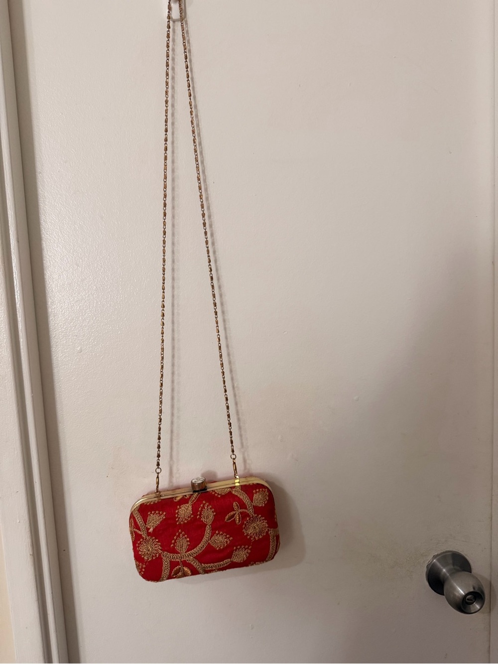 Hand Crafted Red Clutch with Gold Embroidery and Chain